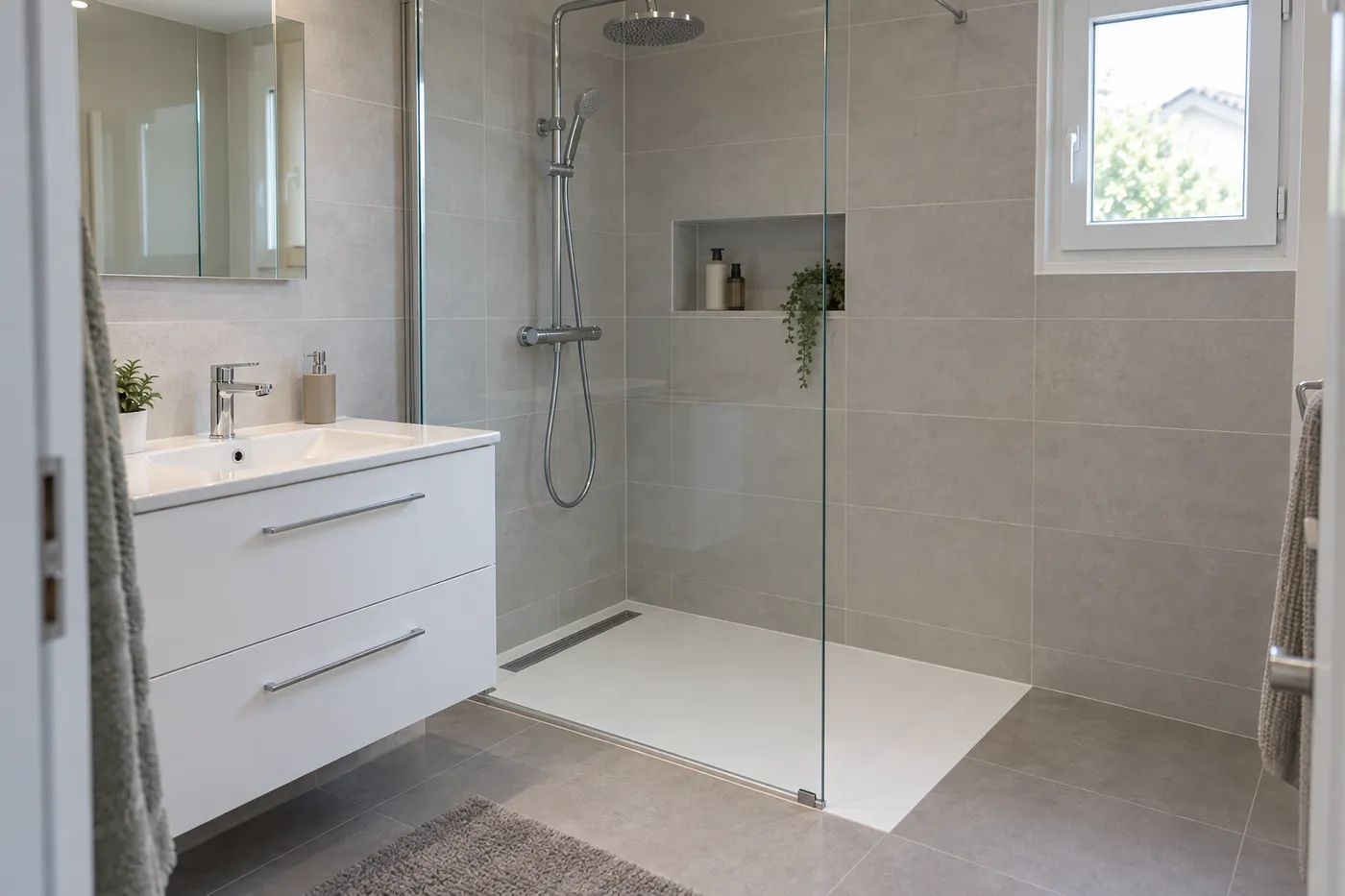 Douche à l'italienne terminée lors d'une rénovation de salle de bains dans le Val-de-Marne