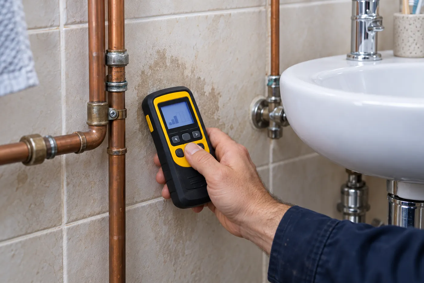Contrôle au détecteur d'humidité près d'une canalisation en cuivre pour localiser une fuite