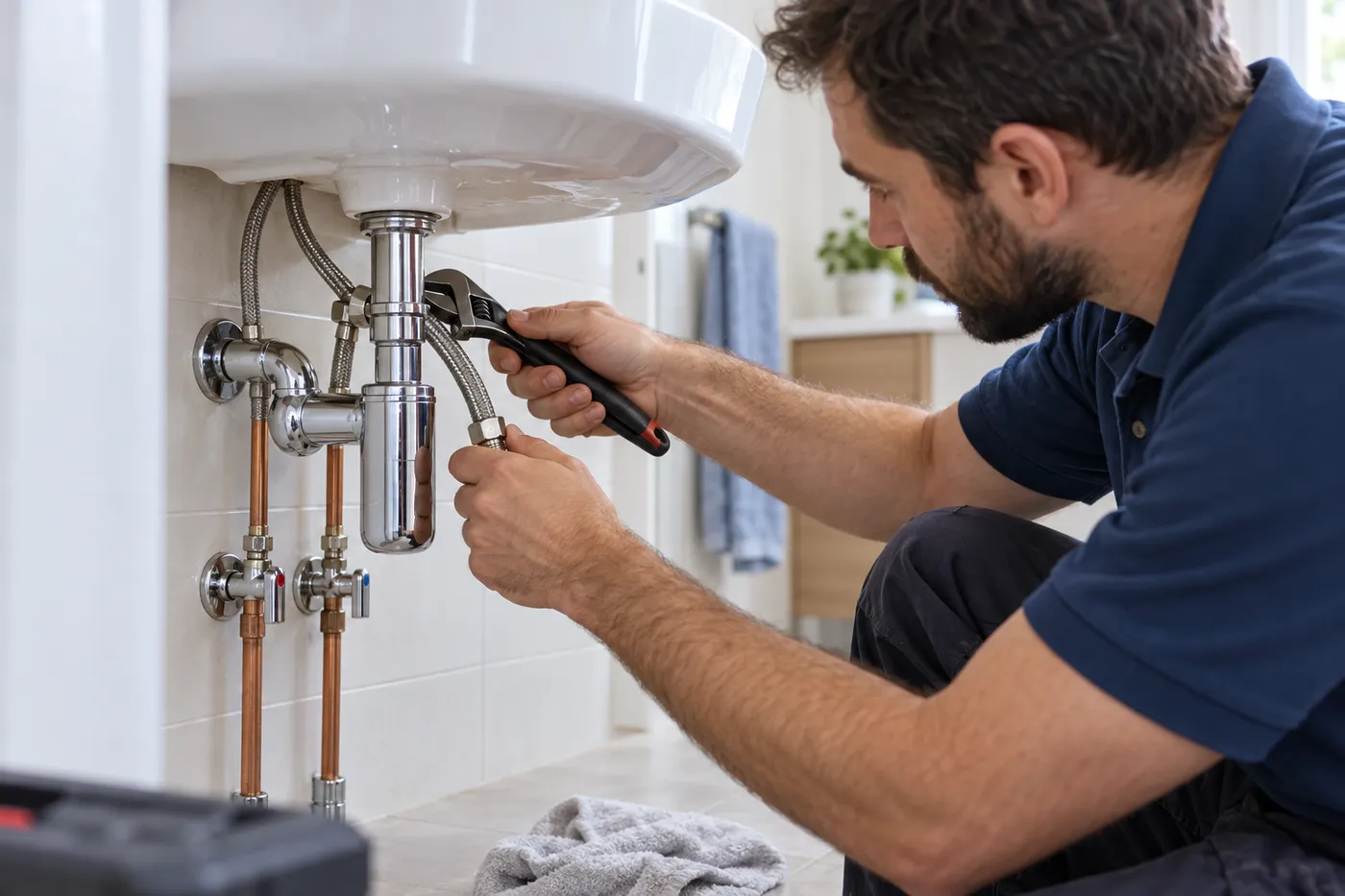Plombier serrant les flexibles d'un mitigeur neuf sous un lavabo